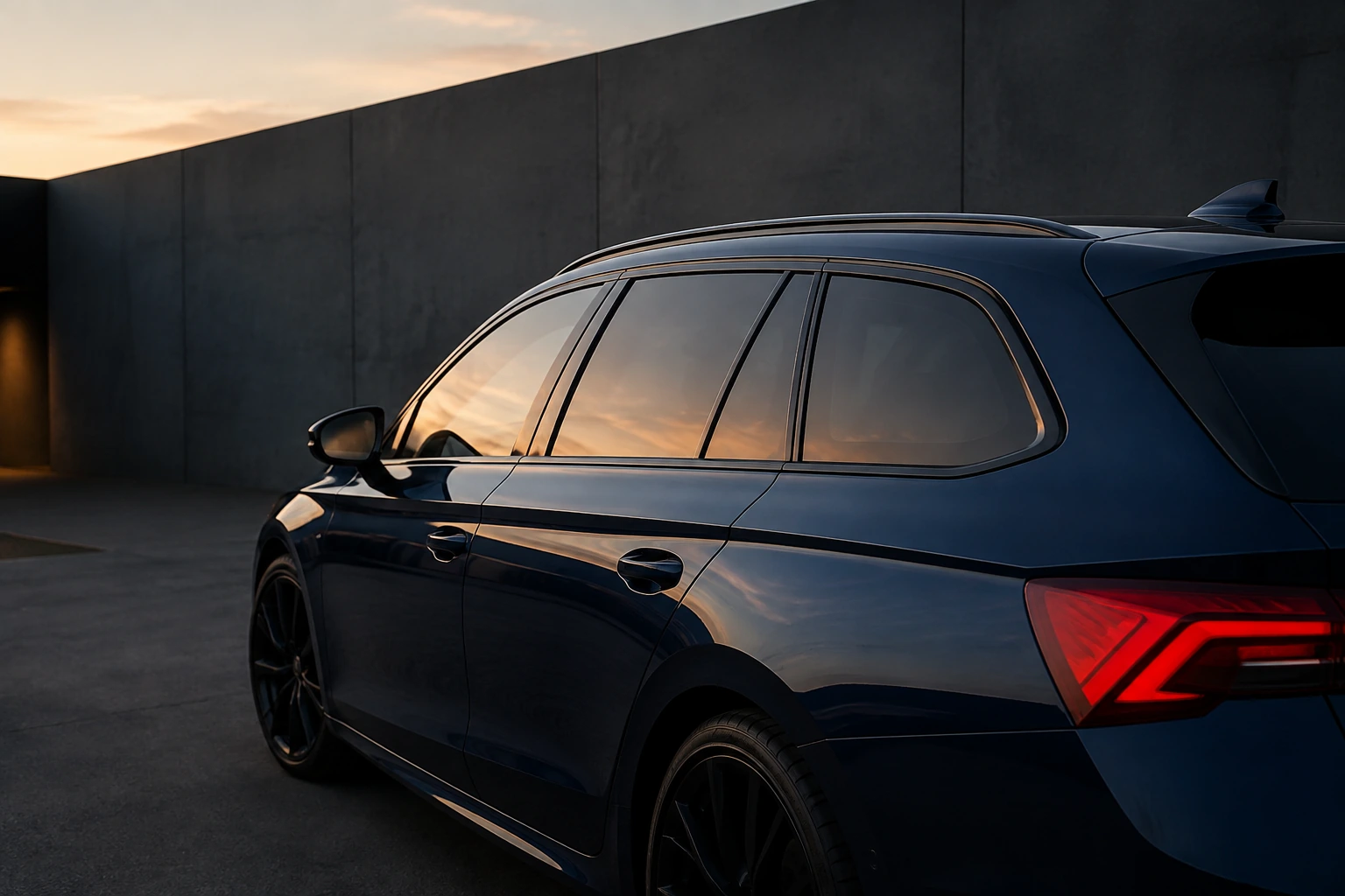 Smoke-grey side windows reflecting the evening sky on a midnight-blue sport wagon
