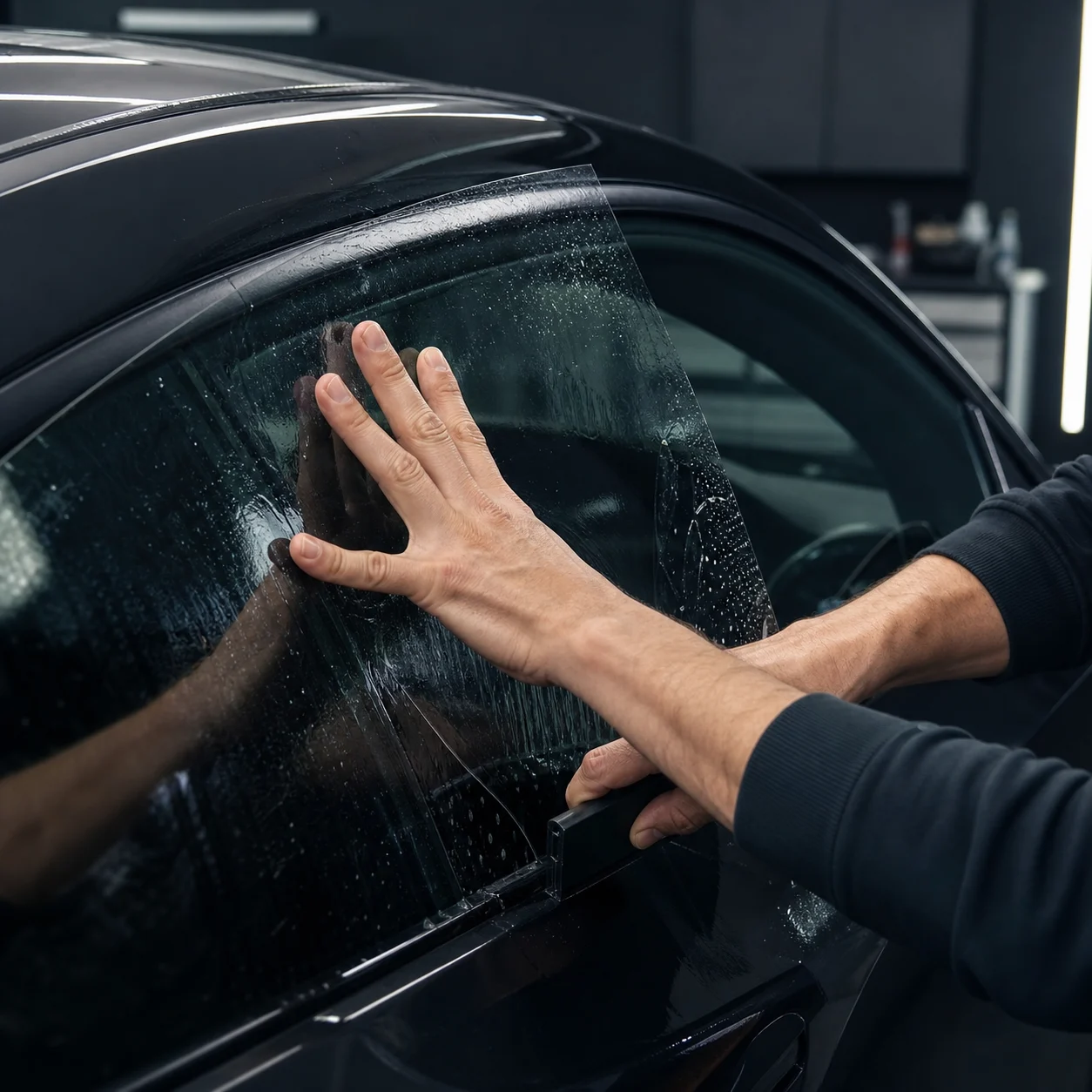 An installer squeegeeing film onto a rear window in the shop