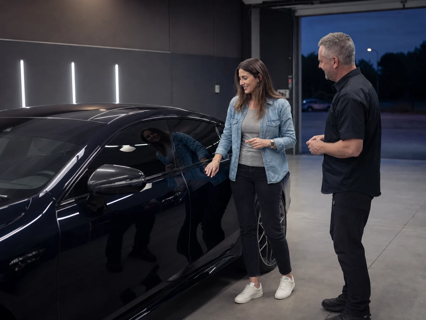 A customer collecting her freshly tinted car while an installer talks her through the work