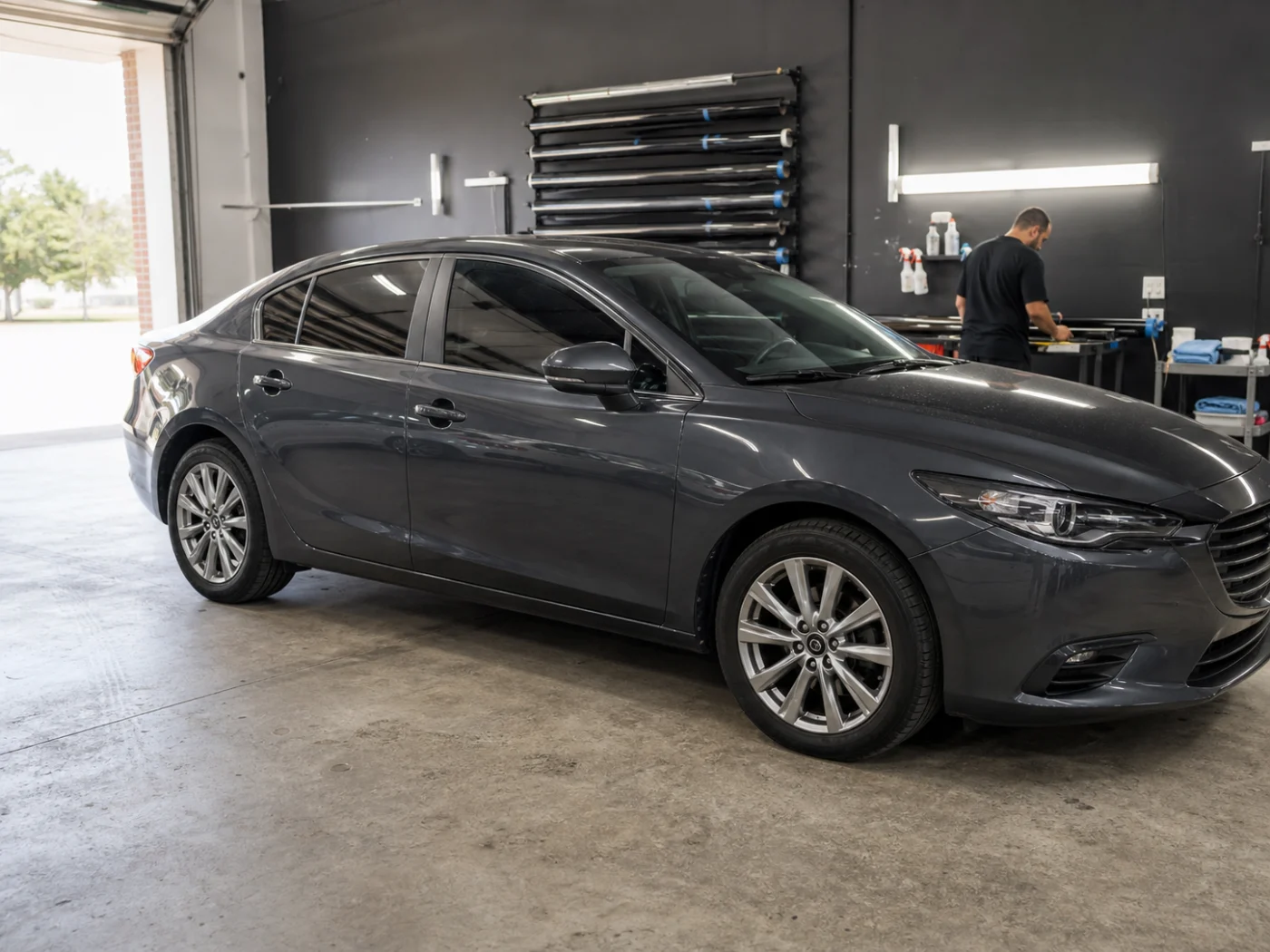 A dark sedan wearing fresh tint inside the shop