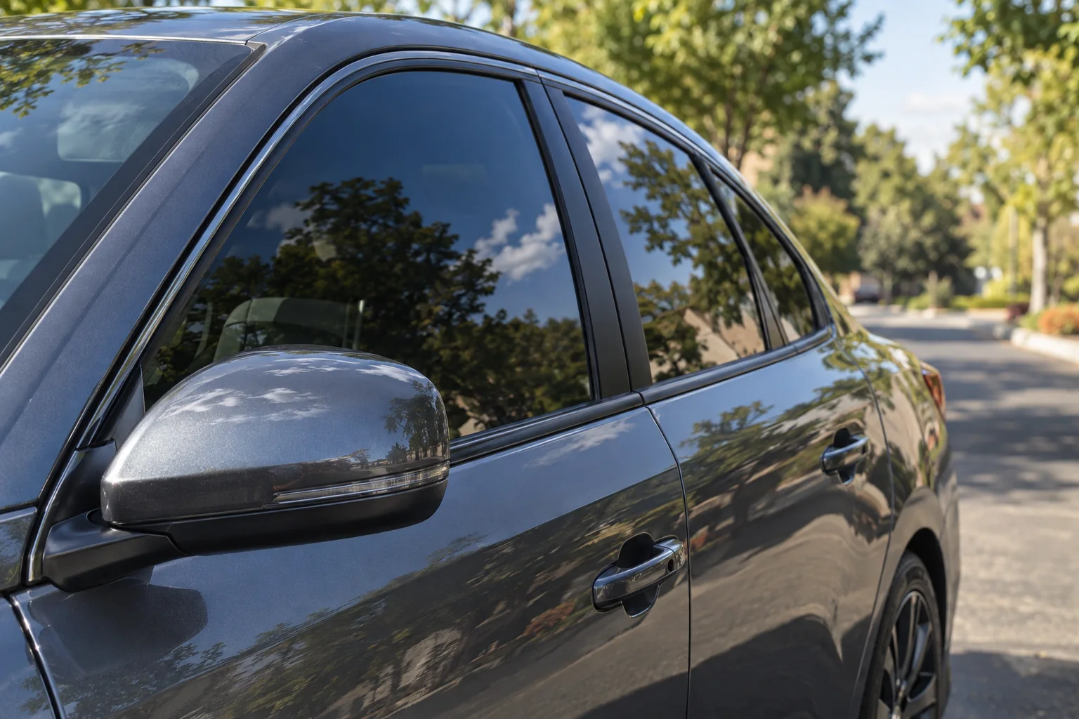 Tinted side glass with trees reflected in it
