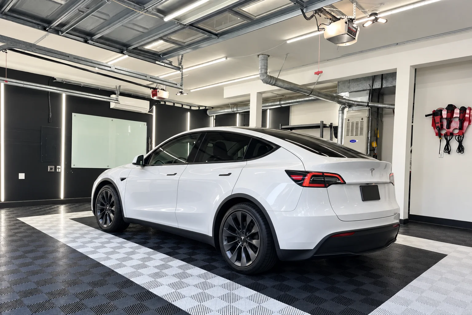A white Tesla Model Y with tinted windows in the bay