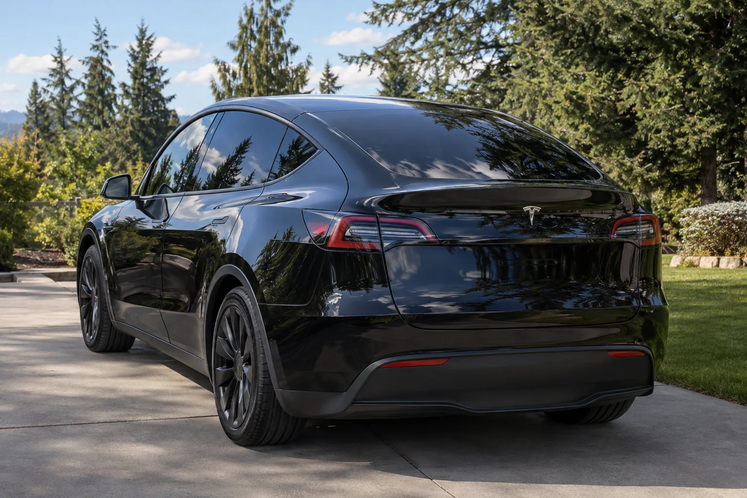 The dark tinted rear glass of a black Tesla Model Y with trees reflected in it