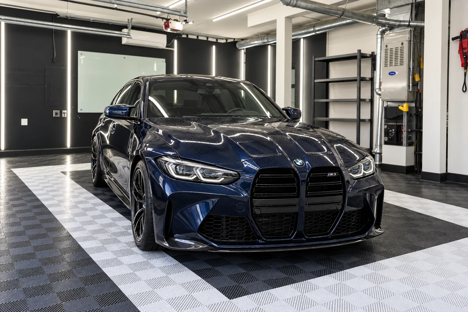 A blue BMW M3 in the bay