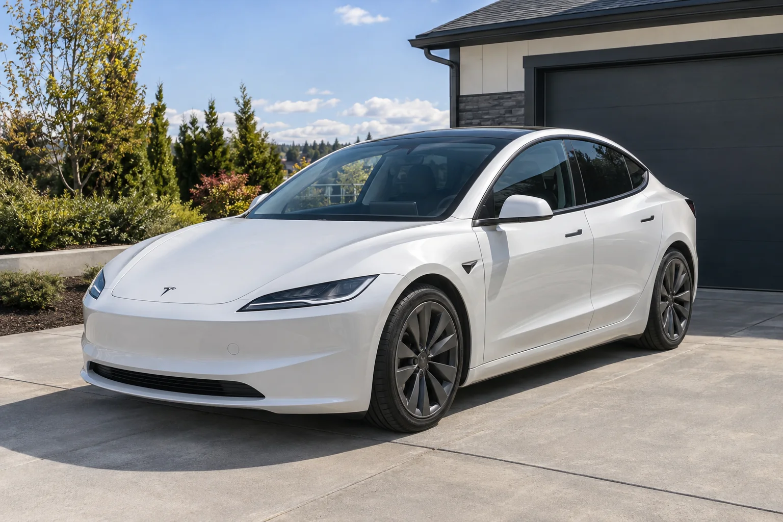 A white Tesla Model 3 with tinted windows on a driveway