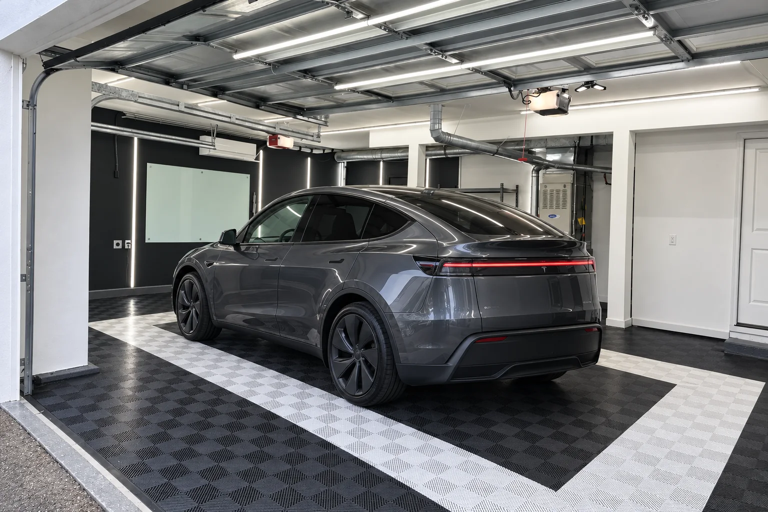 A gray Tesla Model Y with tinted windows in the bay